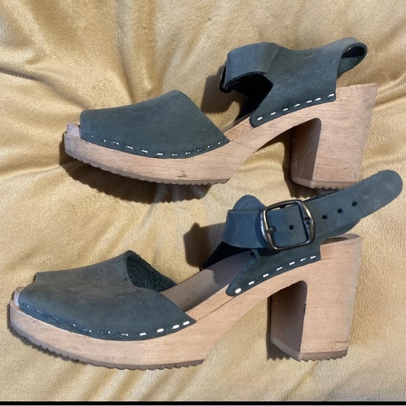 Funkis Swedish Forms Frida Heel Sandals Sz 37 Green Suede Wood Clog Platform - Picture 8 of 12